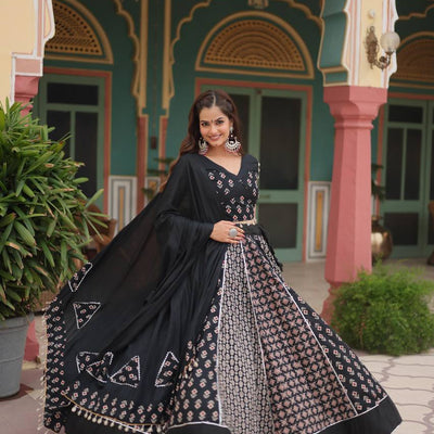 Black Elegant Printed Rayon Lehenga Set with Gota Patti Lace and Kali Pattern