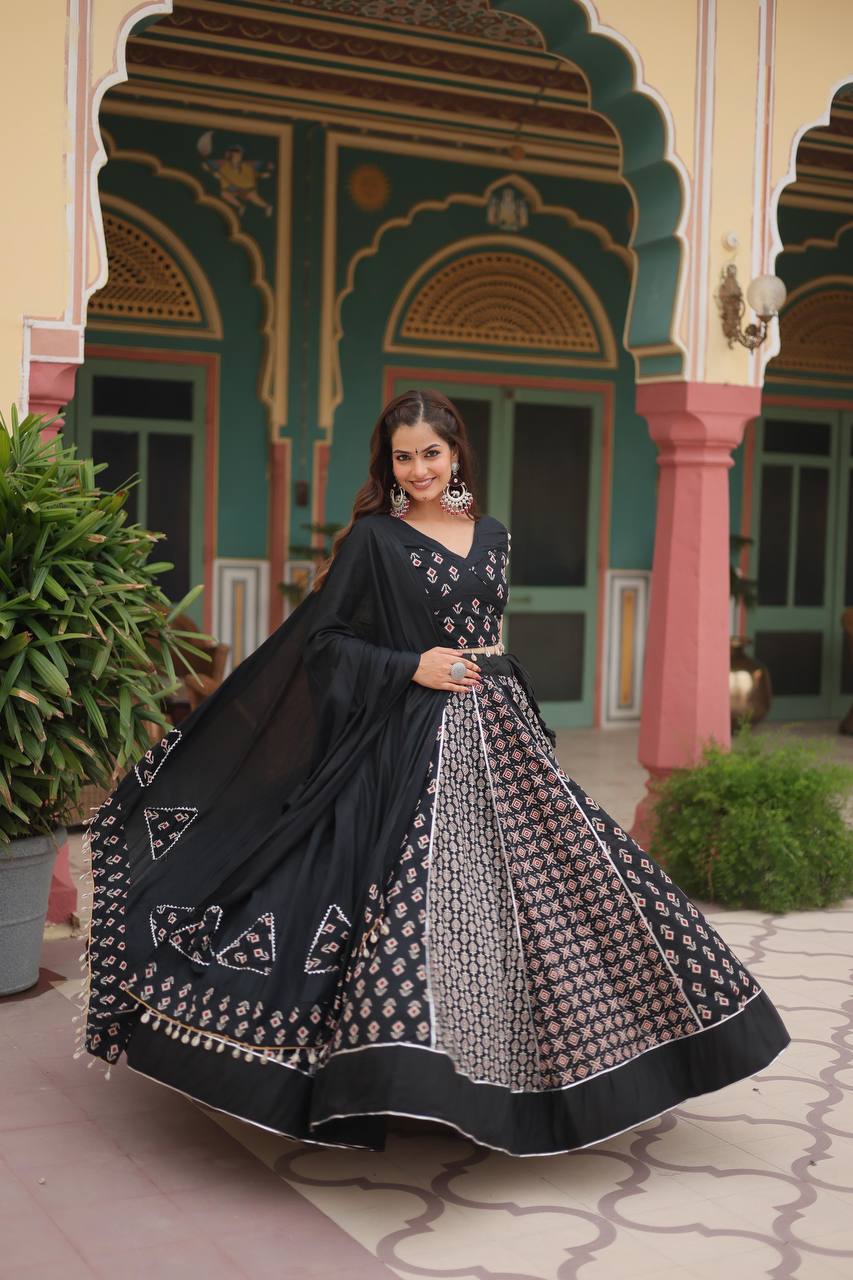 Black Elegant Printed Rayon Lehenga Set with Gota Patti Lace and Kali Pattern