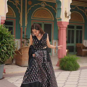 Black Elegant Printed Rayon Lehenga Set with Gota Patti Lace and Kali Pattern