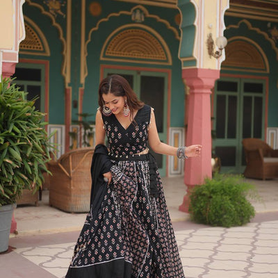 Black Elegant Printed Rayon Lehenga Set with Gota Patti Lace and Kali Pattern