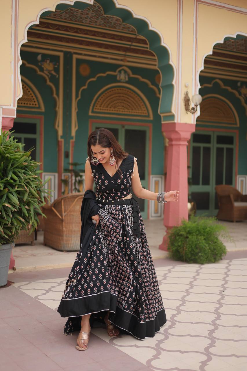 Black Elegant Printed Rayon Lehenga Set with Gota Patti Lace and Kali Pattern