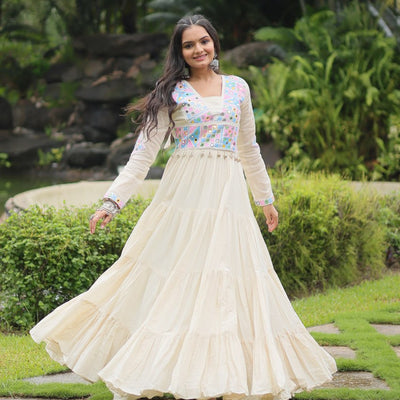 White Kora Cotton Gown with Kutchi Gamthi Work and 4-Layer Frill Stitch