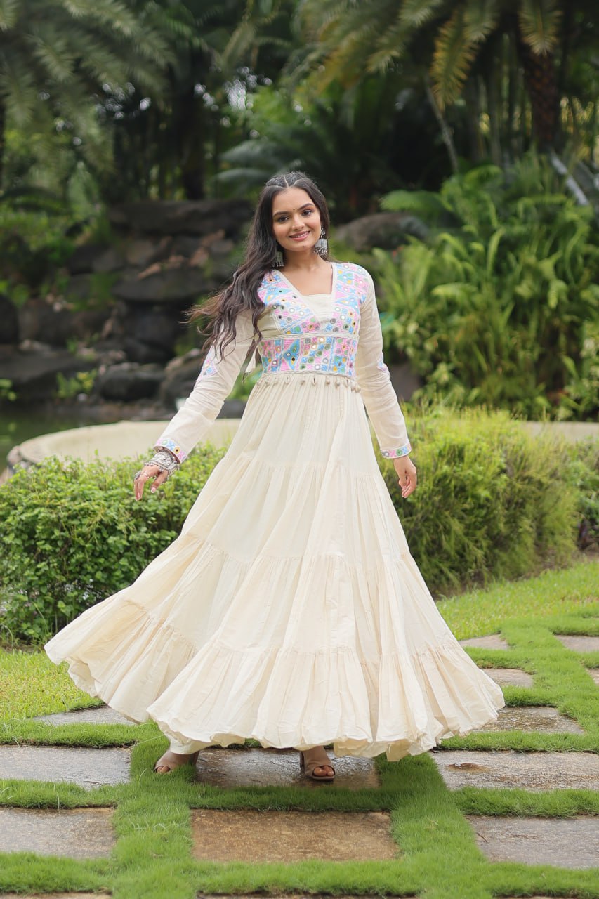 White Kora Cotton Gown with Kutchi Gamthi Work and 4-Layer Frill Stitch