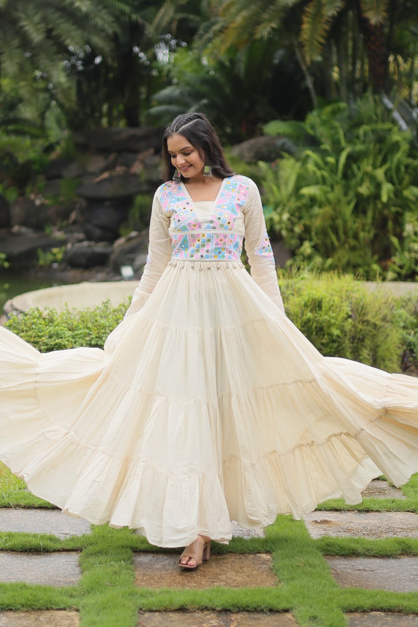 White Kora Cotton Gown with Kutchi Gamthi Work and 4-Layer Frill Stitch