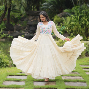 White Kora Cotton Gown with Kutchi Gamthi Work and 4-Layer Frill Stitch