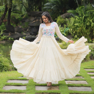 White Kora Cotton Gown with Kutchi Gamthi Work and 4-Layer Frill Stitch