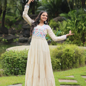 White Kora Cotton Gown with Kutchi Gamthi Work and 4-Layer Frill Stitch