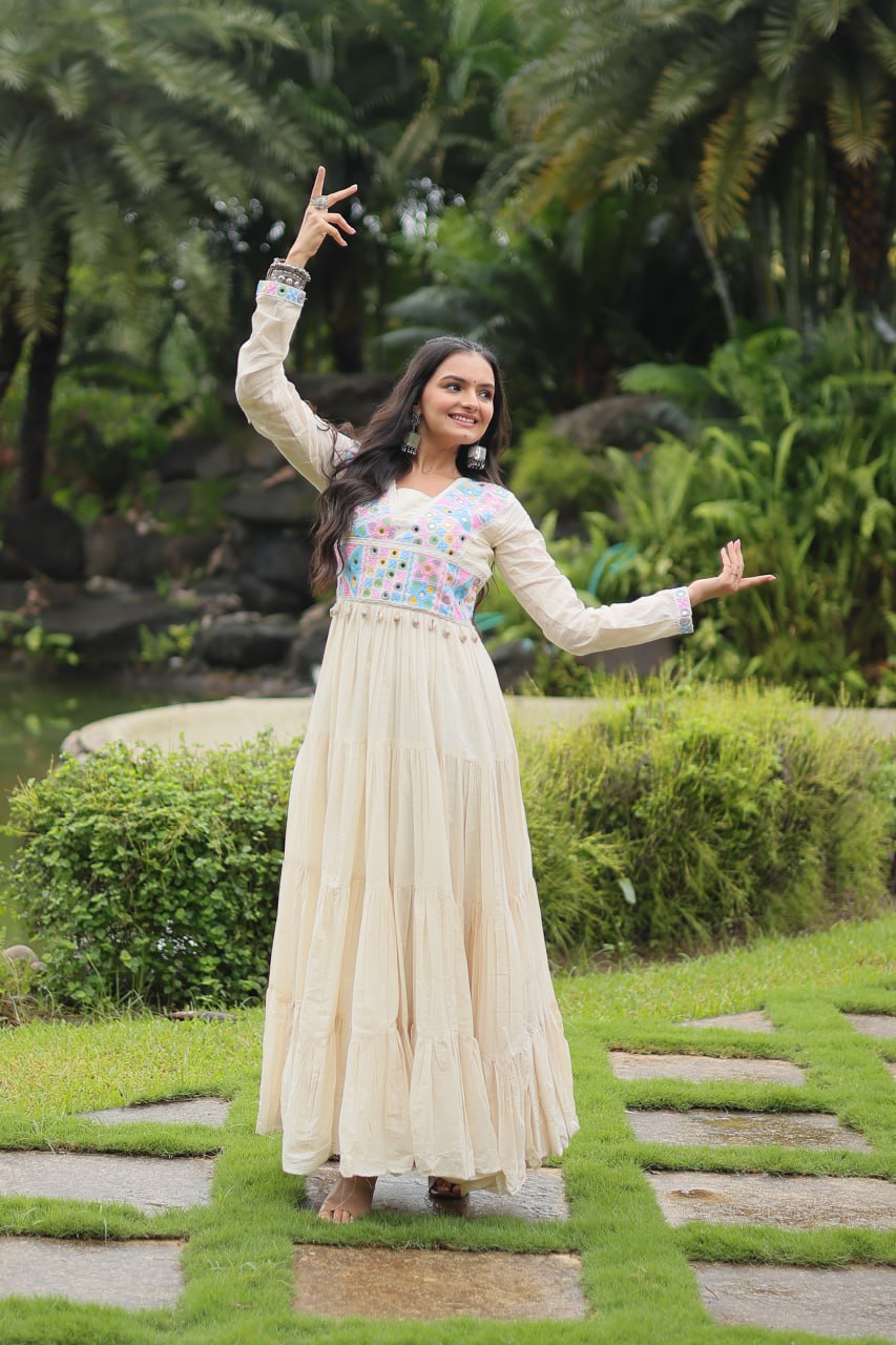 White Kora Cotton Gown with Kutchi Gamthi Work and 4-Layer Frill Stitch