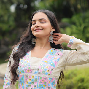 White Kora Cotton Gown with Kutchi Gamthi Work and 4-Layer Frill Stitch