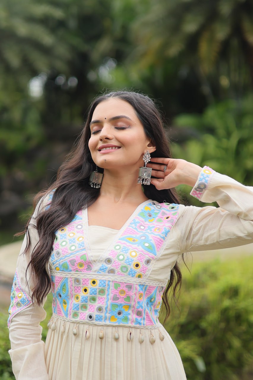 White Kora Cotton Gown with Kutchi Gamthi Work and 4-Layer Frill Stitch