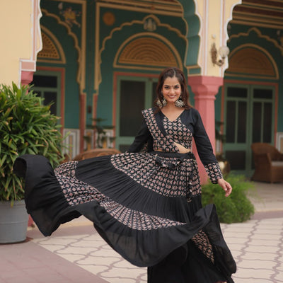 Black Printed Rayon Lehenga Choli Set with 4-Layer Frill Stitch