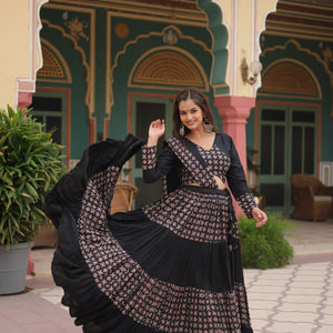 Black Printed Rayon Lehenga Choli Set with 4-Layer Frill Stitch