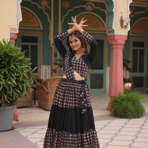 Black Printed Rayon Lehenga Choli Set with 4-Layer Frill Stitch