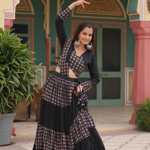 Black Printed Rayon Lehenga Choli Set with 4-Layer Frill Stitch