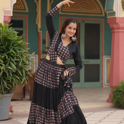 Black Printed Rayon Lehenga Choli Set with 4-Layer Frill Stitch