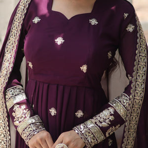 Wine Faux Blooming Gown with Sequins Embroidery and Dupatta