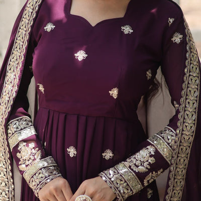 Wine Faux Blooming Gown with Sequins Embroidery and Dupatta