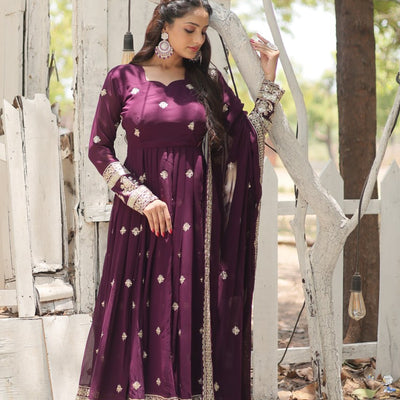 Wine Faux Blooming Gown with Sequins Embroidery and Dupatta