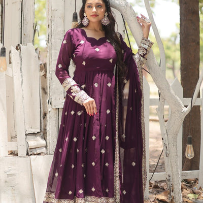 Wine Faux Blooming Gown with Sequins Embroidery and Dupatta
