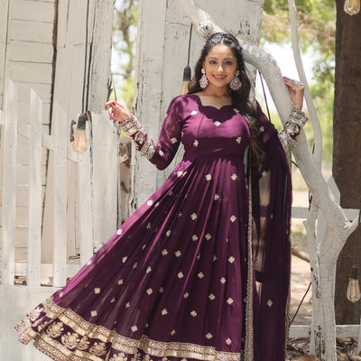 Wine Faux Blooming Gown with Sequins Embroidery and Dupatta