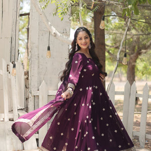 Wine Faux Blooming Gown with Sequins Embroidery and Dupatta
