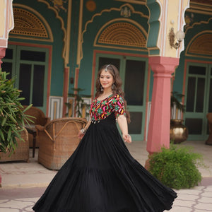 Black Designer Rayon Gown with Kutchi Gamthi Kodi Work and 3-Layer Gathering Stitch