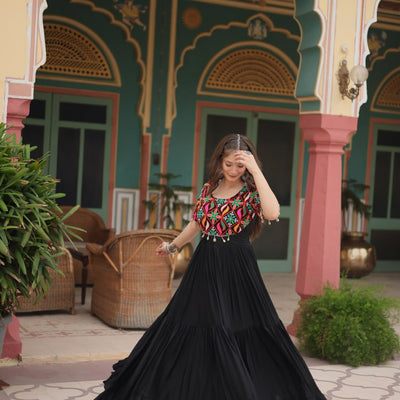 Black Designer Rayon Gown with Kutchi Gamthi Kodi Work and 3-Layer Gathering Stitch