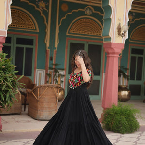 Black Designer Rayon Gown with Kutchi Gamthi Kodi Work and 3-Layer Gathering Stitch