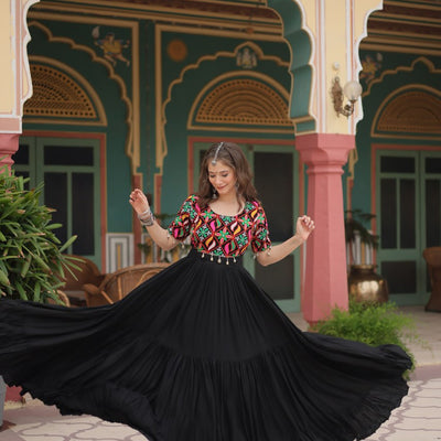 Black Designer Rayon Gown with Kutchi Gamthi Kodi Work and 3-Layer Gathering Stitch