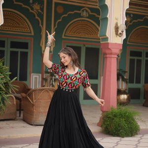 Black Designer Rayon Gown with Kutchi Gamthi Kodi Work and 3-Layer Gathering Stitch