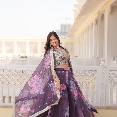 Wine Exquisite Women's Fully Flaired Lehenga Set in Digital Printed Russian Silk with Sequins Embroidery