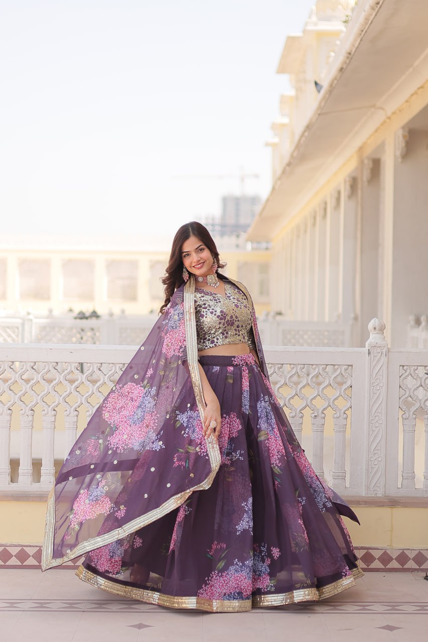 Wine Exquisite Women's Fully Flaired Lehenga Set in Digital Printed Russian Silk with Sequins Embroidery