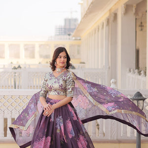 Wine Exquisite Women's Fully Flaired Lehenga Set in Digital Printed Russian Silk with Sequins Embroidery