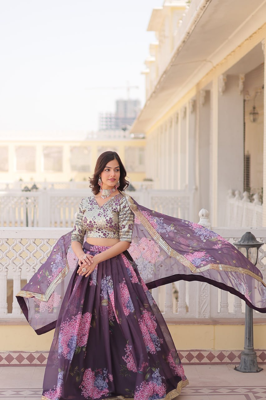 Wine Exquisite Women's Fully Flaired Lehenga Set in Digital Printed Russian Silk with Sequins Embroidery