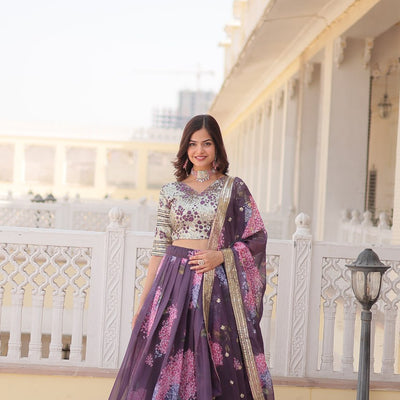 Wine Exquisite Women's Fully Flaired Lehenga Set in Digital Printed Russian Silk with Sequins Embroidery