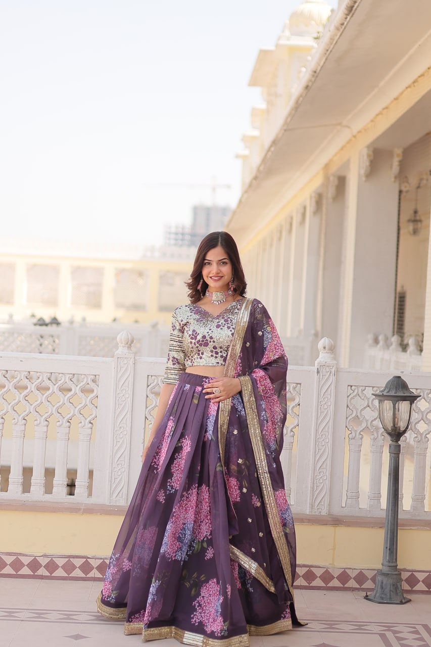 Wine Exquisite Women's Fully Flaired Lehenga Set in Digital Printed Russian Silk with Sequins Embroidery