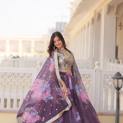 Wine Exquisite Women's Fully Flaired Lehenga Set in Digital Printed Russian Silk with Sequins Embroidery