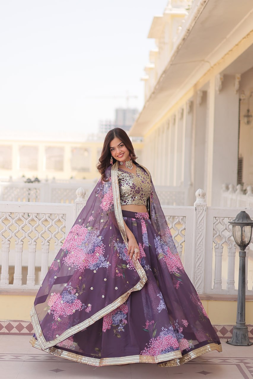 Wine Exquisite Women's Fully Flaired Lehenga Set in Digital Printed Russian Silk with Sequins Embroidery