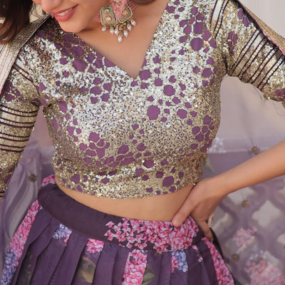 Wine Exquisite Women's Fully Flaired Lehenga Set in Digital Printed Russian Silk with Sequins Embroidery