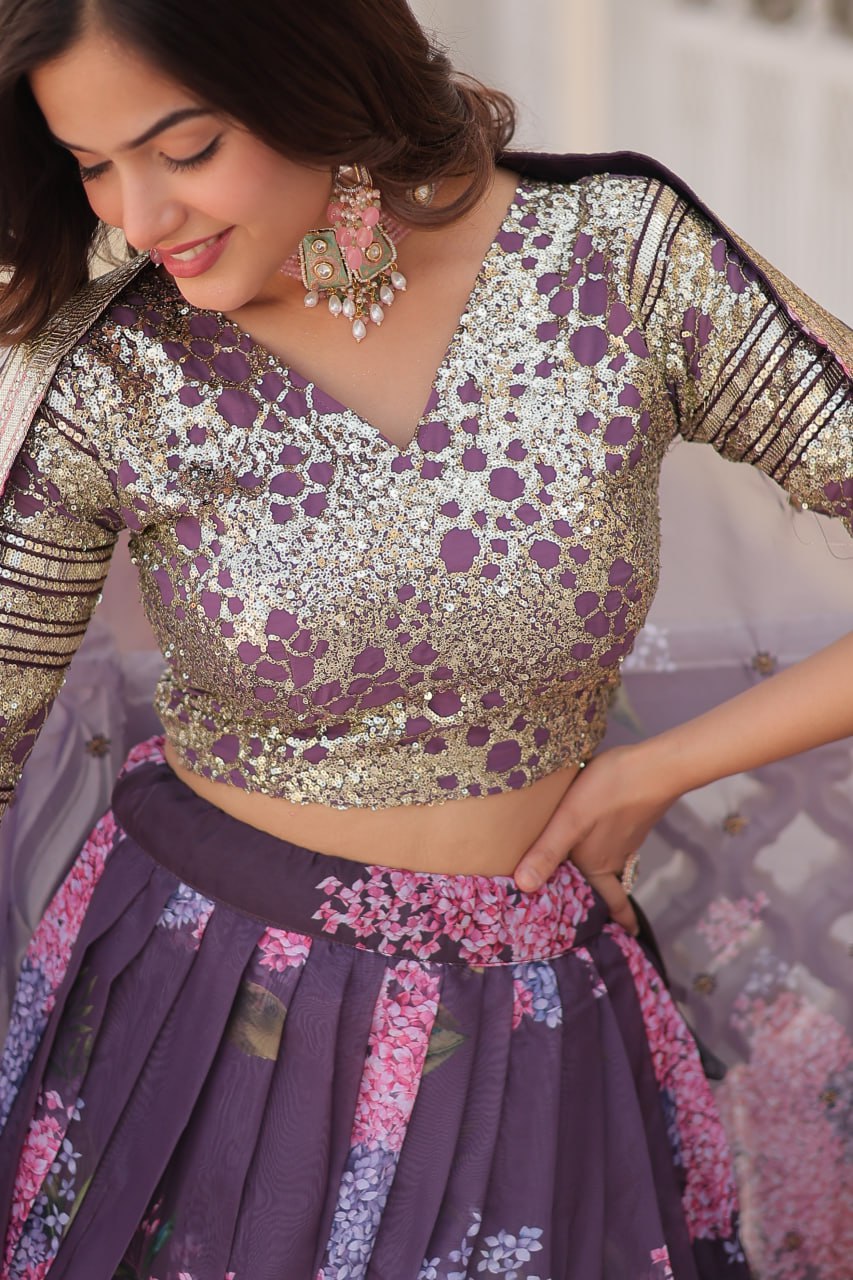 Wine Exquisite Women's Fully Flaired Lehenga Set in Digital Printed Russian Silk with Sequins Embroidery