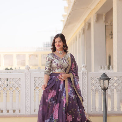 Wine Exquisite Women's Fully Flaired Lehenga Set in Digital Printed Russian Silk with Sequins Embroidery