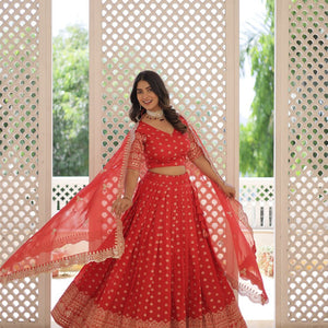 Red Enchanting Dayble Viscose Jacquard Lehenga Set with Double Zari Work