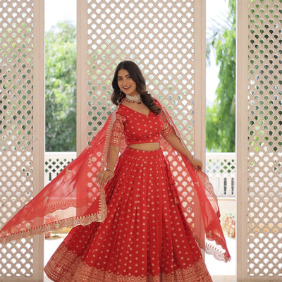 Red Enchanting Dayble Viscose Jacquard Lehenga Set with Double Zari Work
