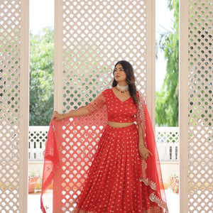 Red Enchanting Dayble Viscose Jacquard Lehenga Set with Double Zari Work