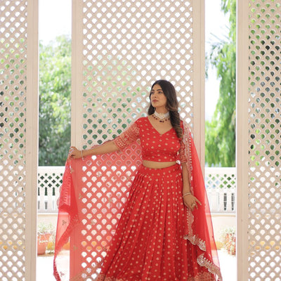 Red Enchanting Dayble Viscose Jacquard Lehenga Set with Double Zari Work