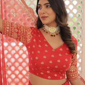 Red Enchanting Dayble Viscose Jacquard Lehenga Set with Double Zari Work