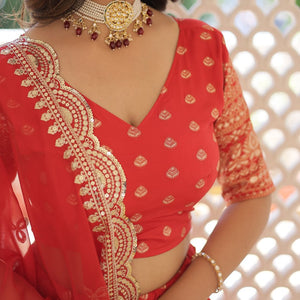 Red Enchanting Dayble Viscose Jacquard Lehenga Set with Double Zari Work