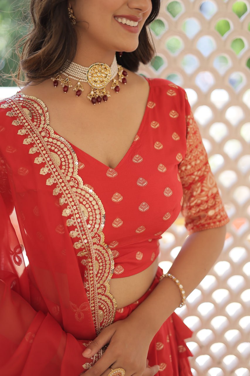 Red Enchanting Dayble Viscose Jacquard Lehenga Set with Double Zari Work