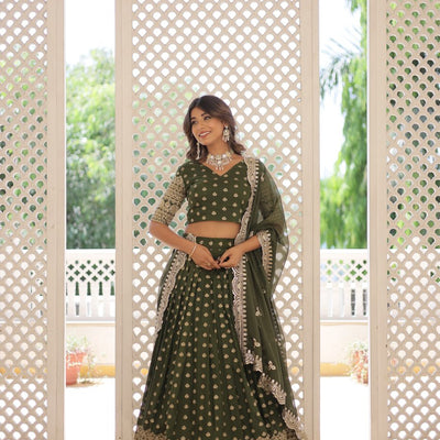 Green Enchanting Dayble Viscose Jacquard Lehenga Set with Double Zari Work