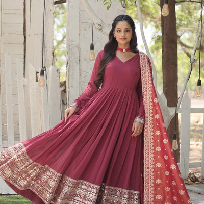 Maroon Stunning Faux Georgette Gown with Rich Sequins Embroidery